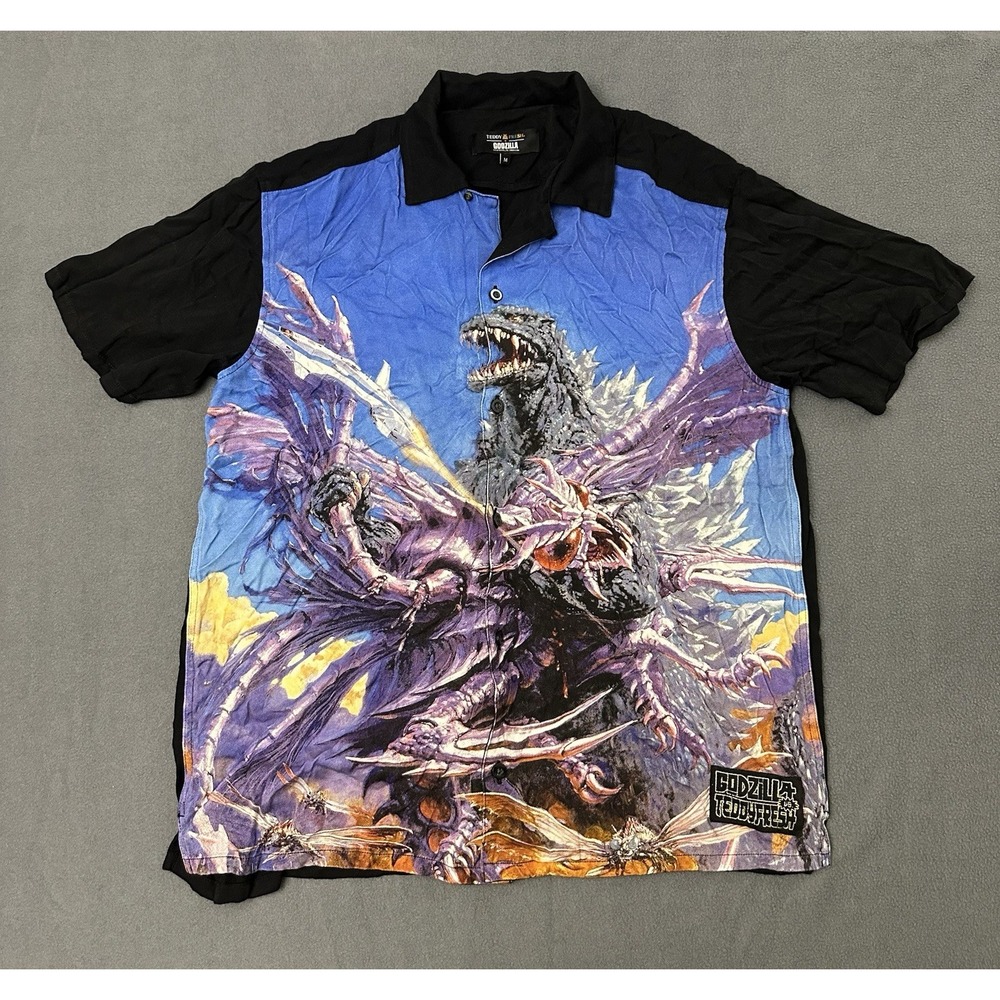 Teddy Fresh x Godzilla Shirt Mens Medium Black Camp Button Up Graphic Street